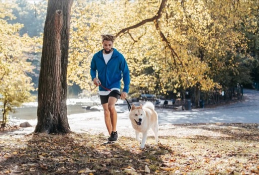 Man walking his dog on a leaf-strewn autumn path