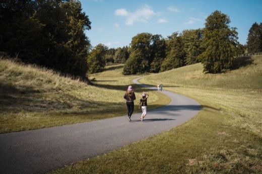 Two people walking a winding path through rolling green hills